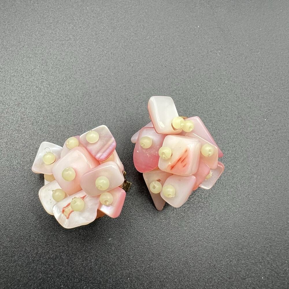 Vtg JSFK Pink Carved Shell Cluster Clip On Earrings Signed Japan Round Abstract